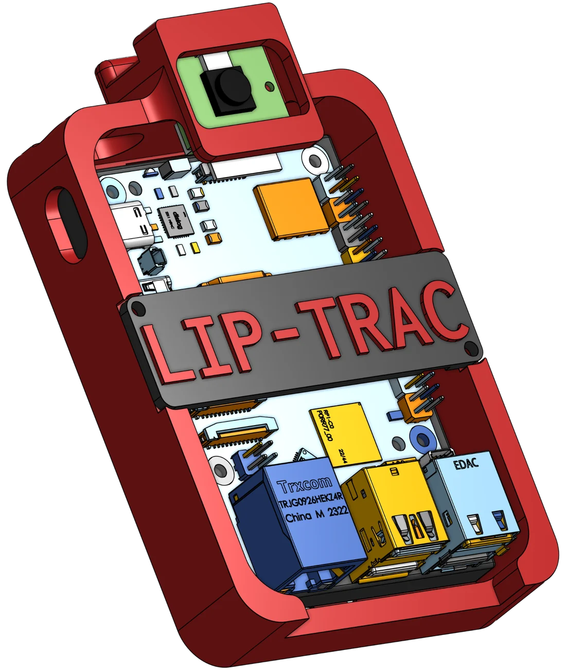 CAD render of the LIP-TRAC handheld: a red 3D-printed shell holding a Raspberry Pi 5, a camera module at the top, and a LIP-TRAC nameplate across the middle.