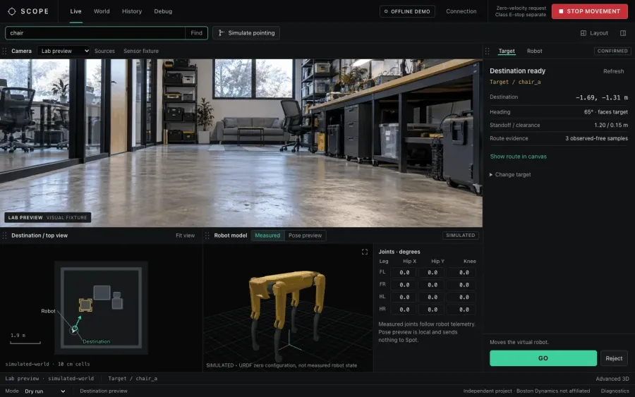 SCOPE's browser console with camera, map, and Spot model